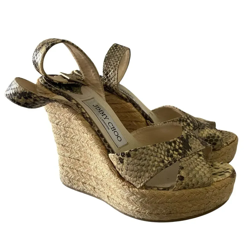 Jimmy Choo Size 35/ US 5 Python Espadrille Wedge Sandals Leather Animal Print
